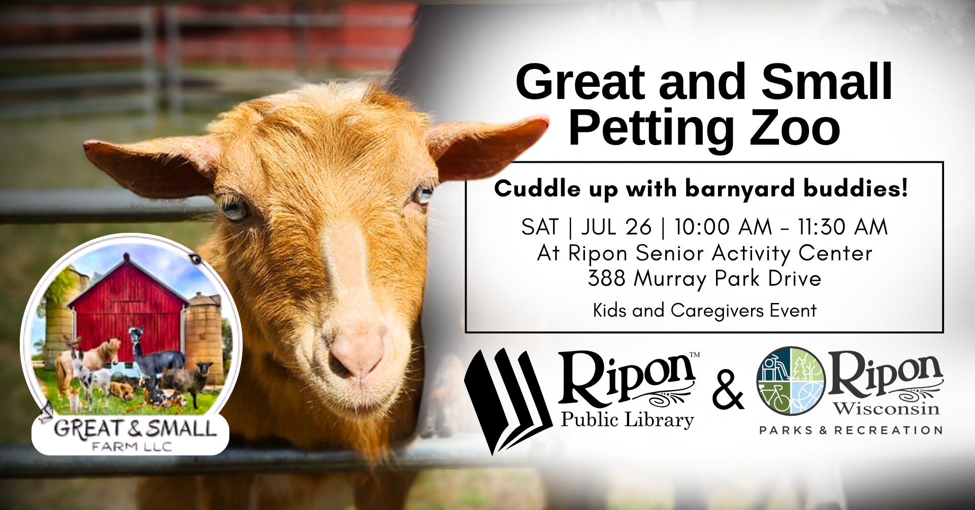 GREAT AND SMALL PETTING ZOO @ Ripon Senior Activity Center, 388 Murray Park Drive